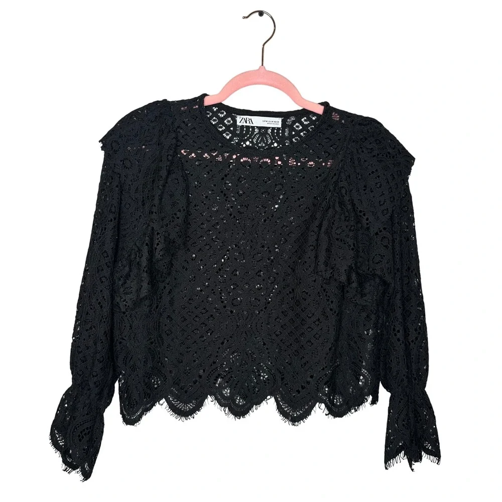 Zara Goth Black Guipure Lace Ruffle Blouse Scallop Hem Long Sleeve Top Medium